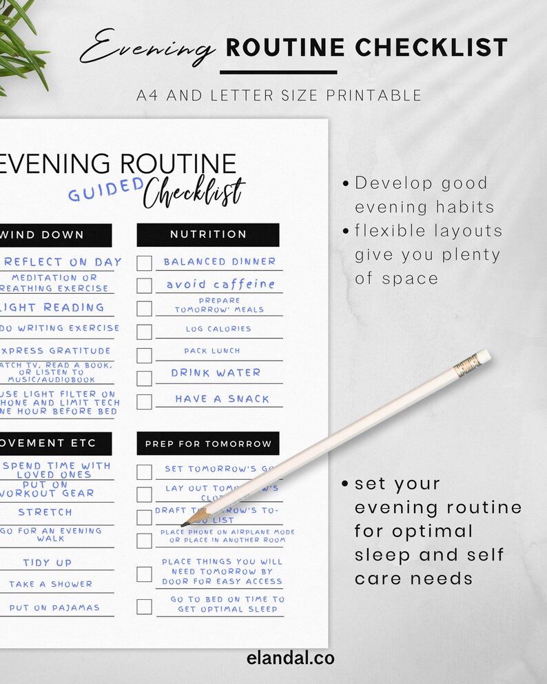 Evening Routine Printable Checklist for Adults Habit | Etsy