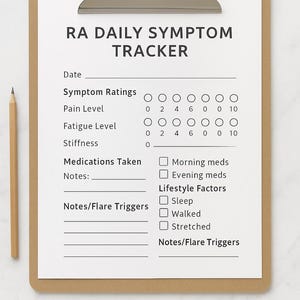 May include: A clipboard with a white paper titled "RA DAILY SYMPTOM TRACKER". The paper includes sections for symptom ratings, pain level, fatigue level, stiffness, medications, notes, and lifestyle factors. The bottom text reads "INSTANT DOWNLOAD PRINTABLE PDF US LETTER SIZE (8,5x11")".