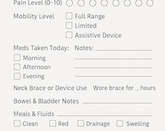 May include: A gray Daily Surgery Recovery Log with sections for pain level, mobility, and medication. Includes space for notes on bowel, bladder, meals, fluids, mood, and additional notes. The text "DAILY SURGERY RECOVERY LOG" is at the top.