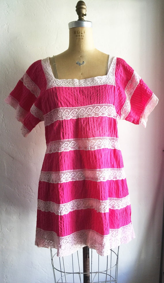 1970s Vintage BOHO Ethnic Festival Hot Pink Cotton