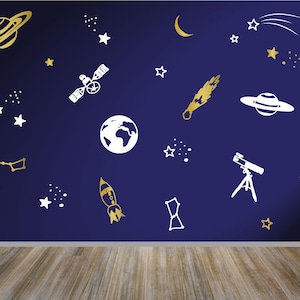 Space Wall Decals - Nursery Decals, Star Decals, Space Wall Pattern, Space Doodle Decal, Rockets Planets Stars Space Decor, Cosmos Wall Art