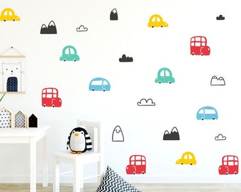 Doodle Cars Wall Stickers, Hand Drawn Vehicles Mountains Clouds Wall Decor, Nursery Wall Decals, Playroom Wall Decor Idea, Boy Room Stickers