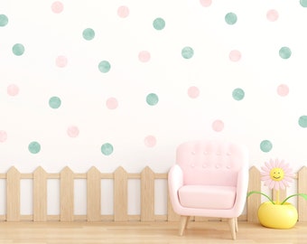 Pack of 80 Pink and Mint Green Watercolour Polka Dot Wall Stickers for Nursery, Whimsical Playroom Decals, Pastel Colours Baby Room Decor