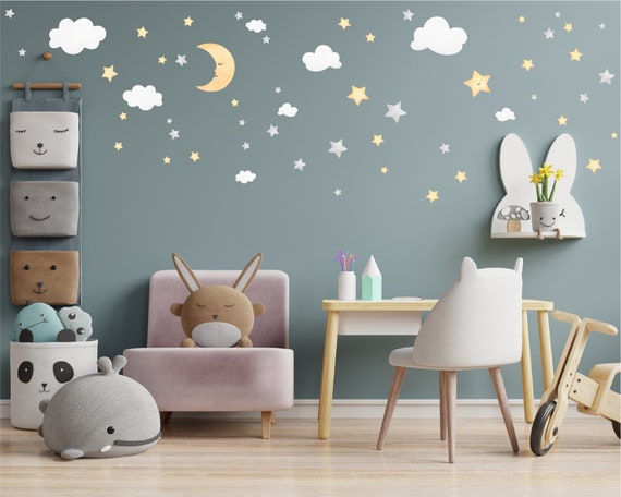 Sterne Aquarell Spielzimmer Sterne Dekor, Kinderzimmer und Mond Sternenhimmel und Kinderzimmer Wandaufkleber, Wandbild Wolken Halbmond, Wandtattoos,