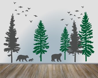 Woodland Nursery Wall Decal, Pine Tree Wall Decal With Bears, Forest Mural Wall Decal, Tree Art Nature Wall Decal, Scandinavian Wall Decor