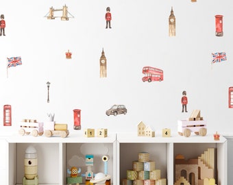 London Wall Stickers, Big Ben, London Bridge, Black Cab Taxi, London Bus, Watercolour London Symbols Theme Nursery, British Playroom Decals