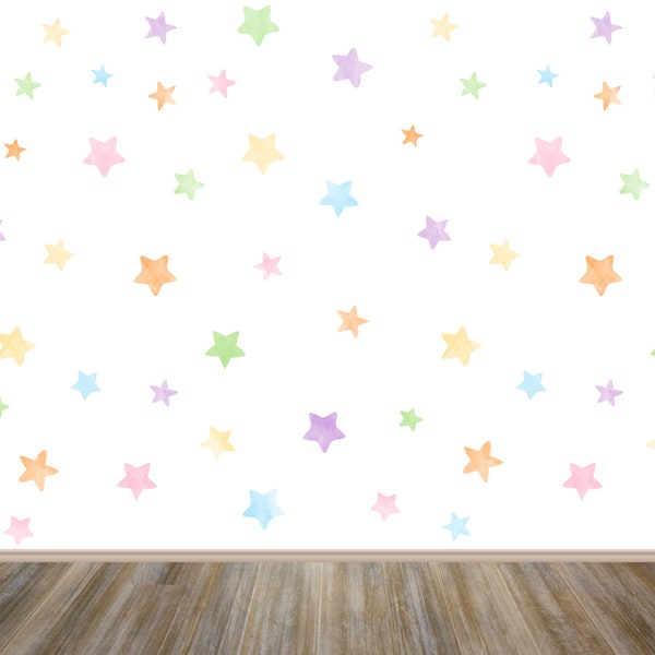 75 Watercolour star wall stickers, Pastel colours hand drawn star stickers, Irregular shape stars, Kids room decor, Baby girl wall stickers