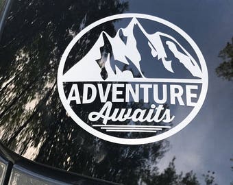 Adventure Awaits Vinyl Decal: Mountain Campervan Sticker
