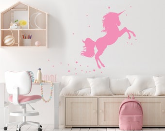 Magical unicorn wall decal and stars, Large unicorn wall sticker, Girls bedroom wall decor, Nursery unicorn wall decal, Sparkling wall decal