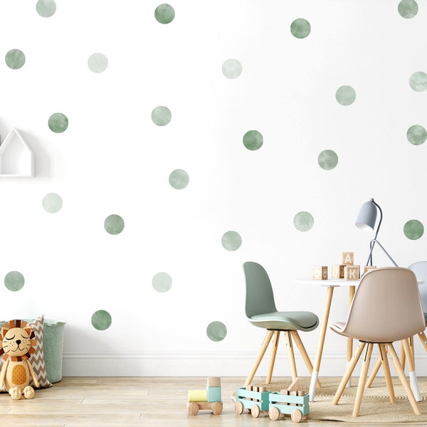 Pack of 40 Sage Green Watercolour Polka Dot Wall Stickers, Green Ombre Watercolour Nursery Wall Decals, Shades of Mint Green Kids Room Decor