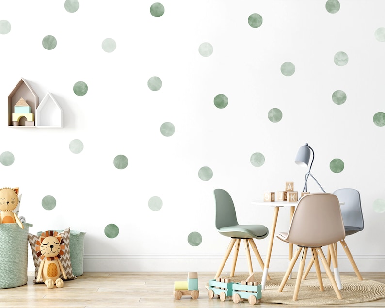 Pack of 40 Sage Green Watercolour Polka Dot Wall Stickers, Green Ombre Watercolour Nursery Wall Decals, Shades of Mint Green Kids Room Decor image 1