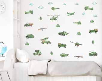 Pegatinas de pared de transporte militar en acuarela, decoración para habitación de bebé niño, tanques, aviones, helicópteros.