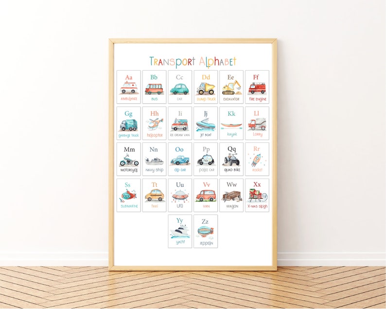 Alphabet poster print, Space themed alphabet poster, Vehicle alphabet print, Ocean alphabet poster, ABC nursery wall art, Educational poster Vehicles