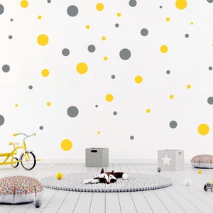 128 Gelb/Grau gepunktete Wandsticker, Kinderzimmer Wandtattoos, Kreis Spielzimmer Wanddekor, Kinderzimmer Wandtattoos