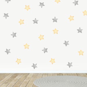 Pack of 42 Grey and Yellow Watercolour Star Wall Stickers, Nursery Wall Decals, Star Wall Decals, Hand Drawn Wall Stickers, Night Sky Decals
