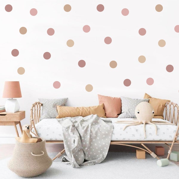 Dusty Rose and Taupe Polka Dot Wall Stickers, Dusky Pink and Beige Spot Nursery Wall Stickers, Dusty Pink Baby Room Decor, Nursery Wall Art