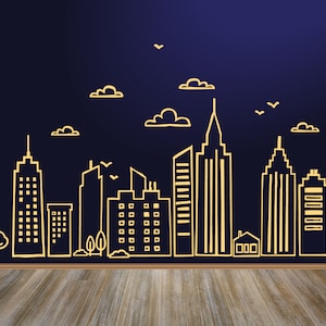 Doodled City Skyline Wall Decal, Doodled Town Skyline Wall Art Decal, Kid&#39;s Room Decal, Hand Drawn Town Decal, Sketched City Skyline Decal