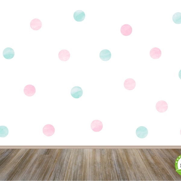 Blush Pink and Mint Green Watercolour Polka Dot Wall Decals, Girl Room Wall Stickers, Pastel Pink Nursery Decor, Mint Playroom Polka Decor