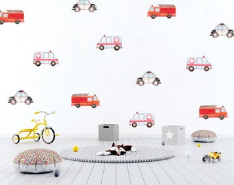 Emergency Vehicle Wall Stickers for Kids, Fire Engine, Ambulance, Police Car, Watercolour Decals for Boys Room, Nursery and Playroom Decor