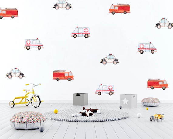 PLIGREAT 23 Pezzi Adesivi Murali Rimovibili Con Veicoli: Pompieri, Ambulanza, Polizia, Elicottero, Acquerello, Per Cameretta Bambini - 3
