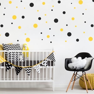 128 schwarz-gelbe Polka Dots Wandaufkleber, Kinderzimmer Wandtattoos, Kreis Spielzimmer Wanddekor, Kinderzimmer Aufkleber