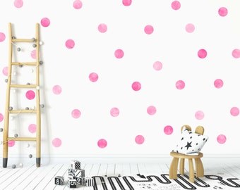 Pack of 40 Pink Watercolour Polka Dot Wall Stickers, Hot Pink Nursery Wall Decals, Blush Pink Girls Room Decor, Removable Wall Stickers