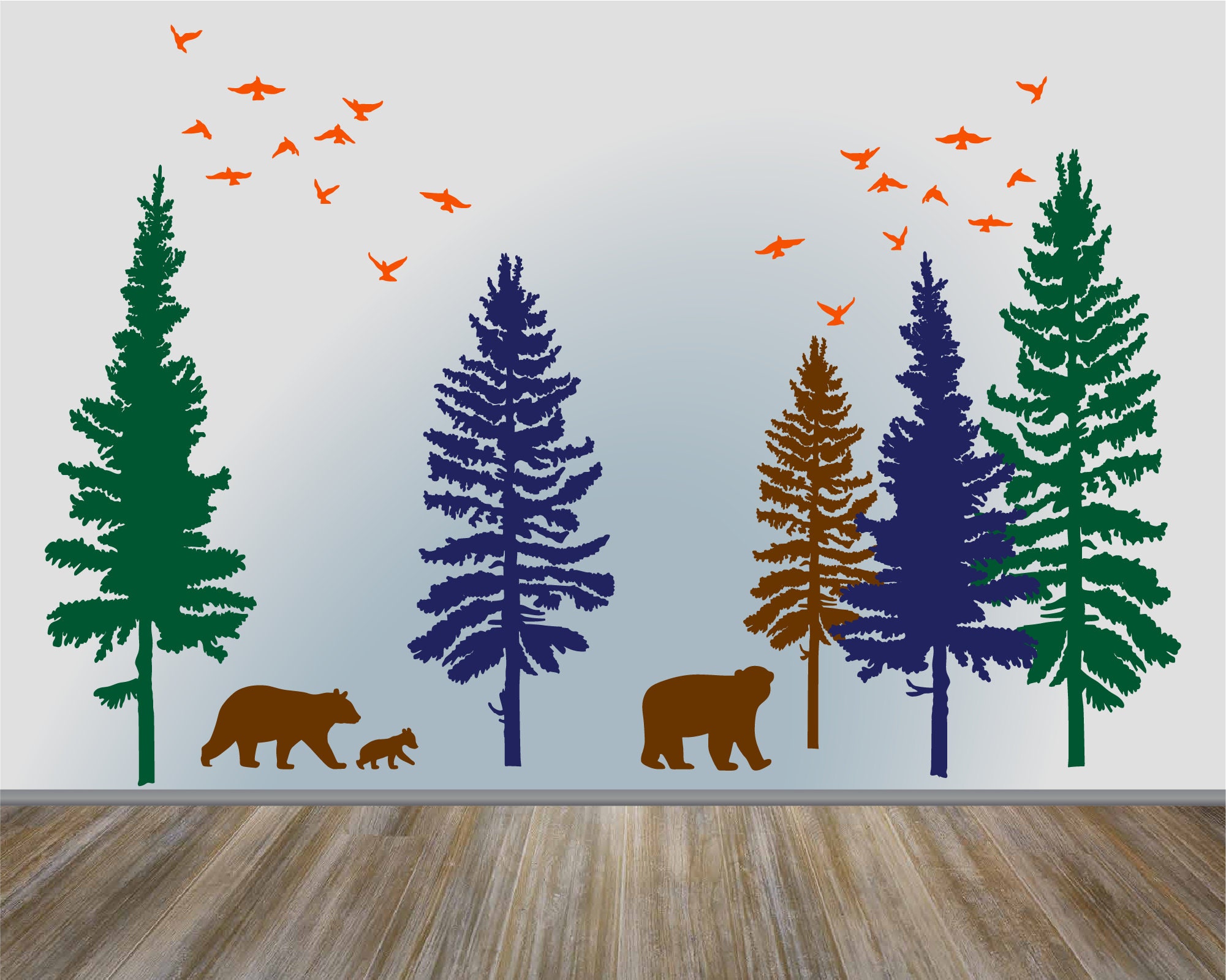 Woodland Nursery Wall Decal Pine Tree Wall Decal With Bears Etsy UK