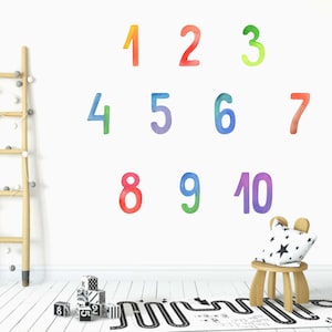 Watercolour numbers wall decals, Rainbow numbers 1 to 10 wall decor, Colourful kids room decor, Playroom rainbow wall decals, Colour story