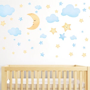 Crescent Moon, Stars and Clouds Watercolour Wall Decals, Moon and Star Nursery Wall Stickers, Hand Drawn Watercolour Kids Room Wall Decals image 2