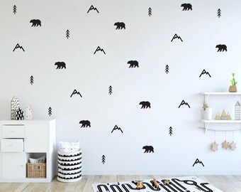 Scandi Bear, Tree, Mountain Wall Decals: Woodland Nursery Decor