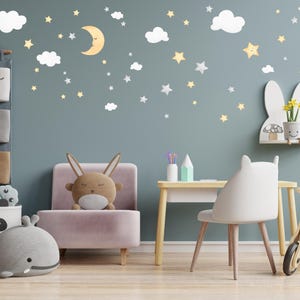Watercolour Crescent Moon, Stars and Clouds Wall Decals, Moon and Stars Nursery Wall Stickers, Starry Sky Playroom Decor, Kids Rooms Mural