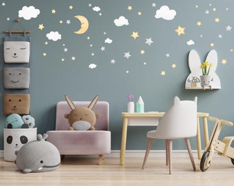Watercolor Moon, Stars, Clouds Wall Decals, Nursery Playroom Decor Stickers
