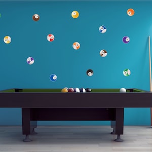 May include: A black pool table with green felt and a set of billiard balls on the table. The balls are numbered 1 through 15 and are arranged in a triangle. The table is in a room with a blue wall and two pool cues leaning against the wall.