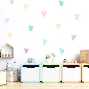 Pastel Rainbow Watercolour Heart Wall Stickers, Hand Drawn Love Heart Wall Decals for Kids&#39; Bedroom, Nursery, Playroom Pattern Fabric Decals