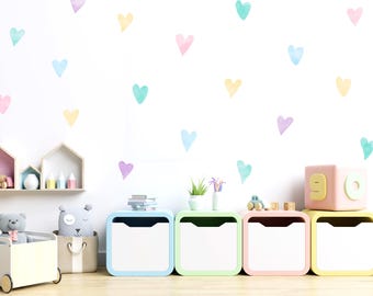 Pastel Rainbow Watercolour Heart Wall Stickers, Hand Drawn Love Heart Wall Decals for Kids&#39; Bedroom, Nursery, Playroom Pattern Fabric Decals