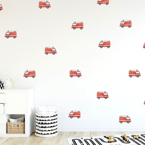 Fire Engine Wall Stickers, Watercolour Fire Truck Decals, Vehicle Transport Nursery Wall Stickers, Boys Room Wall Stickers, Kids Room Decor