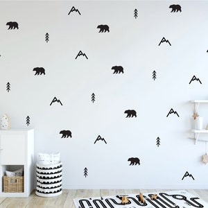 Bear, Tree, Mountain Scandi Adventure Wall Stickers, Children&#39;s Bedroom Decor, Woodland Pattern Nursery Wall Decals, Kids Bedroom Wall Art