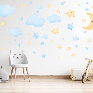 Crescent Moon, Stars and Clouds Watercolour Wall Decals, Moon and Star Nursery Wall Stickers, Hand Drawn Watercolour Kids Room Wall Decals image 1