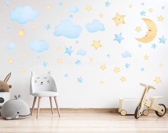 Crescent Moon, Stars and Clouds Watercolour Wall Decals, Moon and Star Nursery Wall Stickers, Hand Drawn Watercolour Kids Room Wall Decals