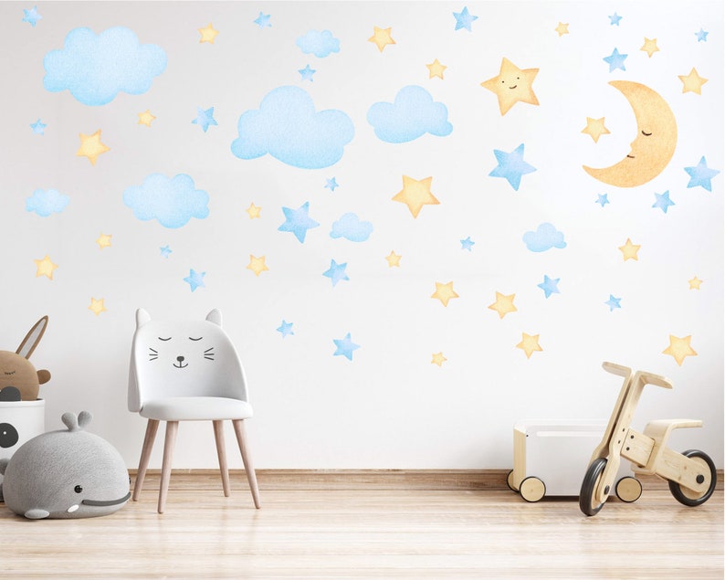 Crescent Moon, Stars and Clouds Watercolour Wall Decals, Moon and Star Nursery Wall Stickers, Hand Drawn Watercolour Kids Room Wall Decals image 1