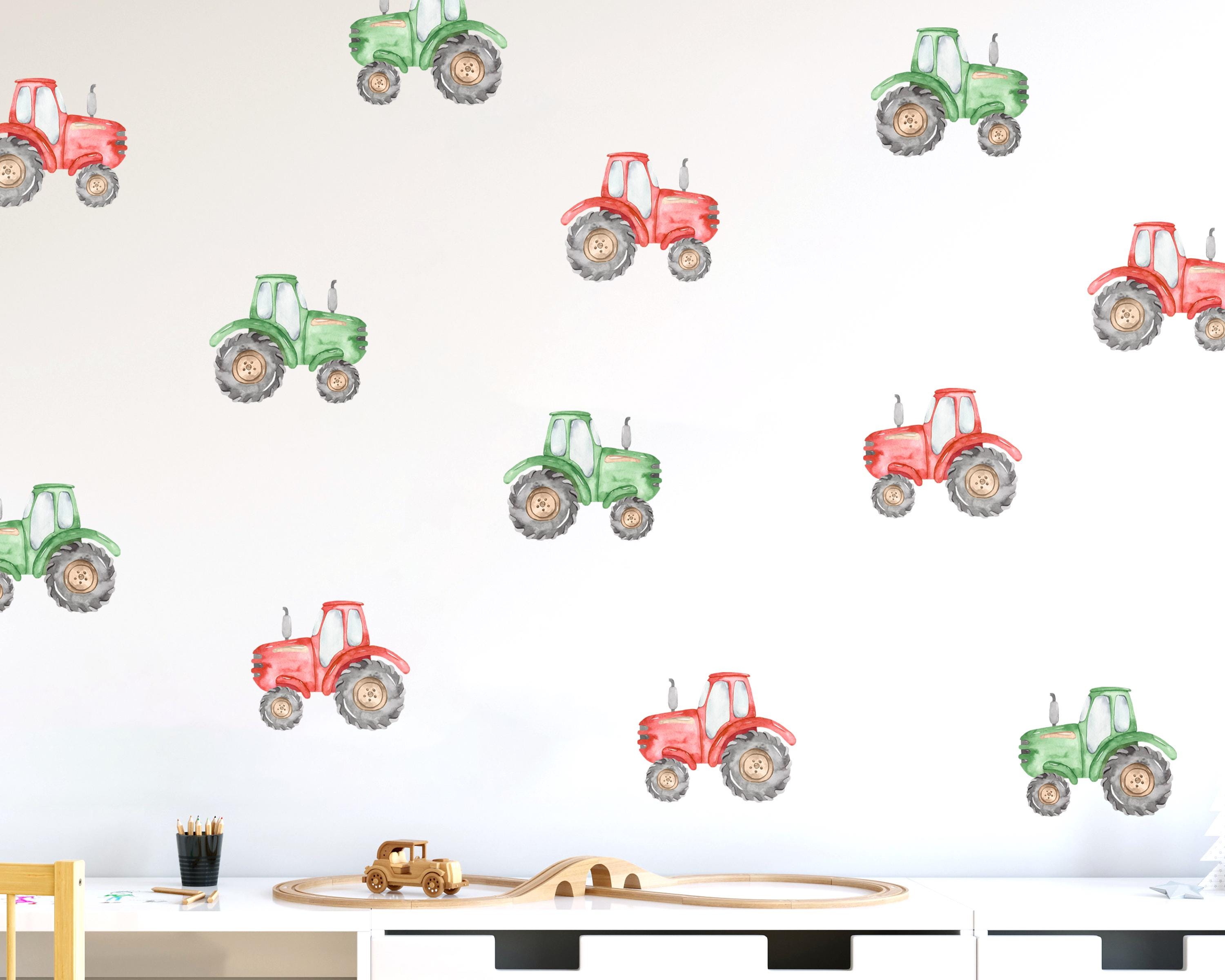 Tractor Wall Stickers, Farm Nursery Wall Decals, Watercolour Red Green Blue Farm Tractor Playroom Decor, Boys and Kids Room Vehicle Wall Art