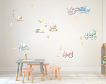 Construction vehicles watercolour wall stickers, Building site vehicle wall decals, Truck, Excavator Crane Tractor, Boys room nursery decor