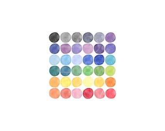 Könnte beinhalten: Eine Regenbogen-Farbpalette aus 36 Aquarellkreisen, die in einem quadratischen Raster angeordnet sind.