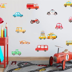 Vehicle wall stickers, Cute watercolour car wall decals, Baby boy nursery idea, City Transport, Ambulance Fire Truck Police, Bus Helicopter