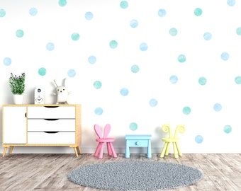 Pack of 40 Baby Blue and Mint Green Watercolour Polka Dot Wall Stickers, Nursery Wall Decals, Playroom Wall Decor, Blue and Green Polka Dots