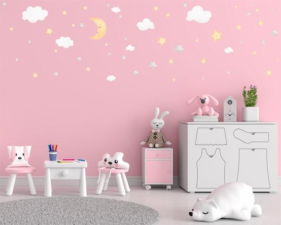 Mond Wandbild Sternenhimmel Aquarell Halbmond, Spielzimmer Kinderzimmer Sterne Dekor, und und Sterne Wolken Kinderzimmer Wandtattoos, Wandaufkleber,