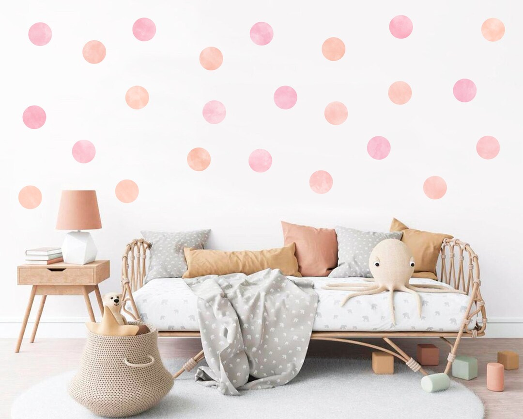 Blush Pink and Peach Watercolour Polka Dots Fabric Wall Decals, Pink