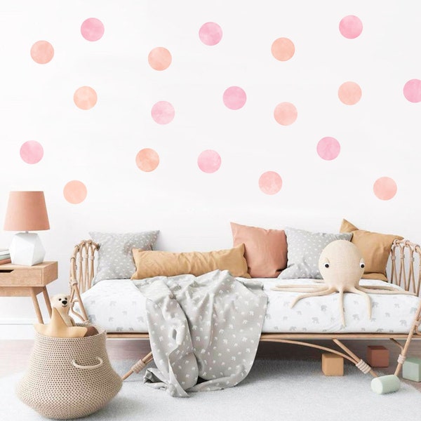 Blush Pink and Peach Watercolour Polka Dots Fabric Wall Decals, Pink Baby Girl Room Wall Stickers, Peach Nursery Decor, Coral Playroom Decor