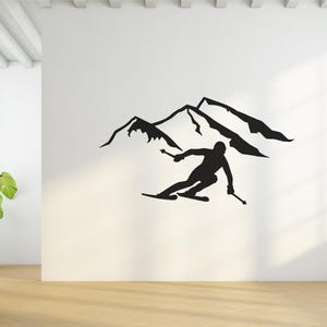 Mountain And Skier Wall Decal, Man Skiing Sticker, Female Skier Wall Decor, Mountain Winter Decal, Winter Sport Decal, Woman Skier Wall Art