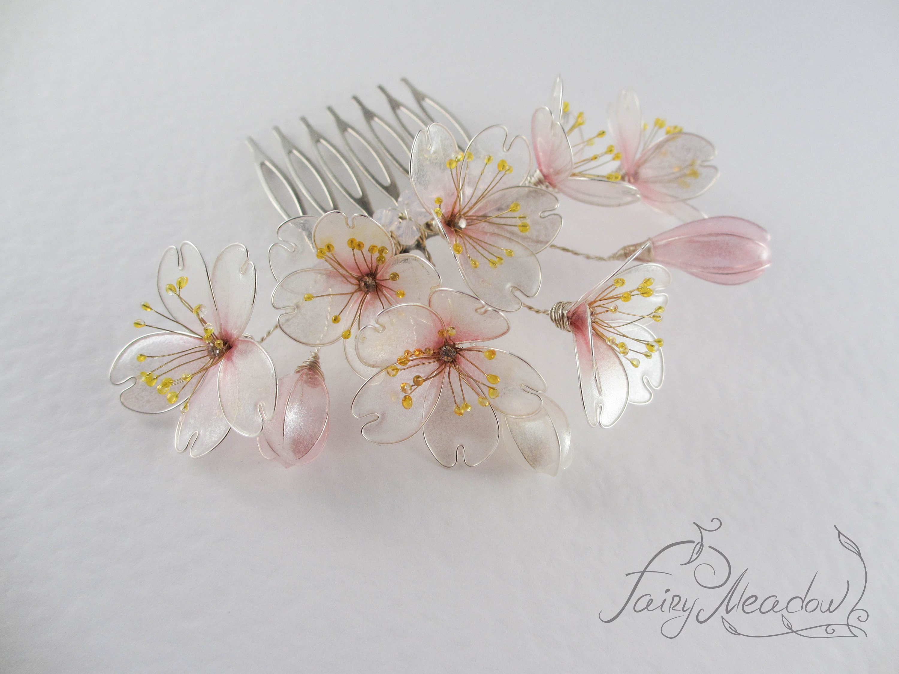 Pink Silver Sakura Hair Comb Sakura Japanese Kanzashi